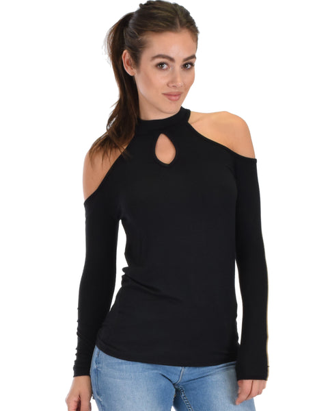 Shy Sweetheart Long Sleeve Black Cold Shoulder Top