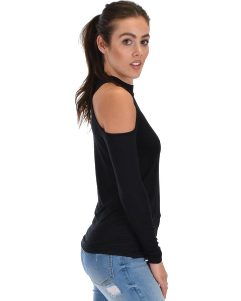 Shy Sweetheart Long Sleeve Black Cold Shoulder Top