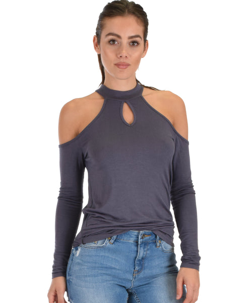 Shy Sweetheart Long Sleeve Charcoal Cold Shoulder Top