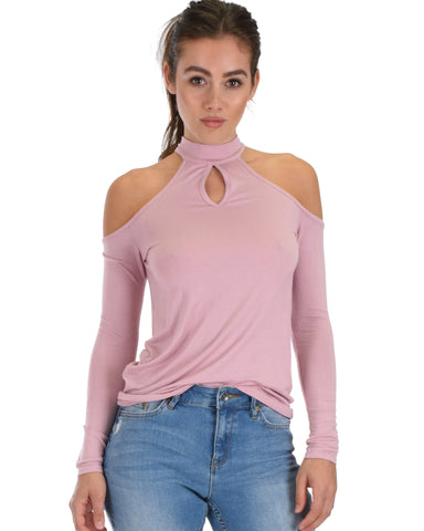 Shy Sweetheart Long Sleeve Mauve Cold Shoulder Top