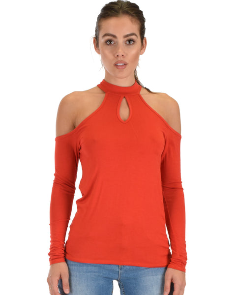 Shy Sweetheart Long Sleeve Rust Cold Shoulder Top