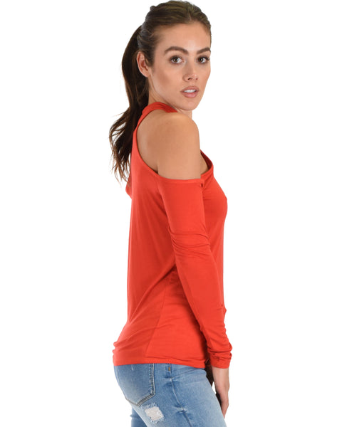 Shy Sweetheart Long Sleeve Rust Cold Shoulder Top