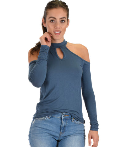 Shy Sweetheart Long Sleeve Teal Cold Shoulder Top