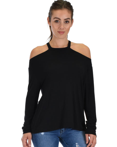 Filled With Smiles Long Sleeve Black Cold Shoulder Top