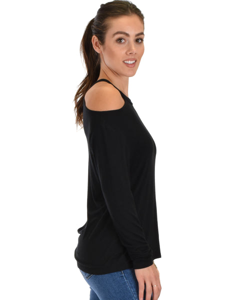 Filled With Smiles Long Sleeve Black Cold Shoulder Top