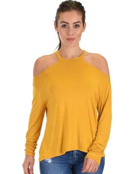 Filled With Smiles Long Sleeve Mustard Cold Shoulder Top