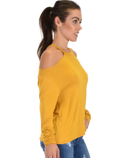 Filled With Smiles Long Sleeve Mustard Cold Shoulder Top