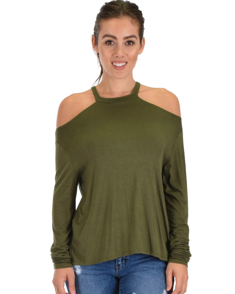 Filled With Smiles Long Sleeve Olive Cold Shoulder Top