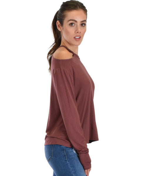 Filled With Smiles Long Sleeve Marsala Cold Shoulder Top