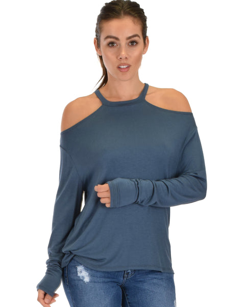 Filled With Smiles Long Sleeve Teal Cold Shoulder Top