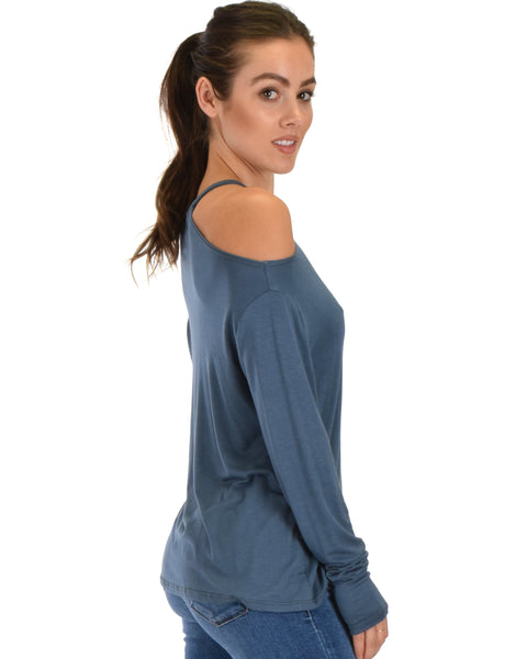 Filled With Smiles Long Sleeve Teal Cold Shoulder Top