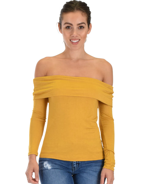 Bold Move Off The Shoulder Mustard Long Sleeve Top