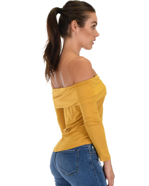 Bold Move Off The Shoulder Mustard Long Sleeve Top