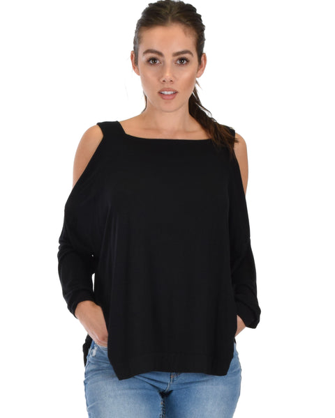 Lyss Loo Little Wonder Cold Shoulder Draped Black Top