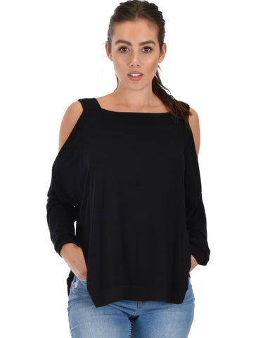 Lyss Loo Little Wonder Cold Shoulder Draped Black Top