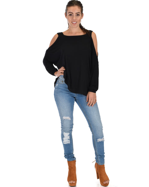 Lyss Loo Little Wonder Cold Shoulder Draped Black Top