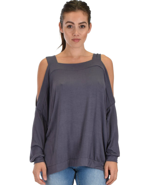 Lyss Loo Little Wonder Cold Shoulder Draped Charcoal Top