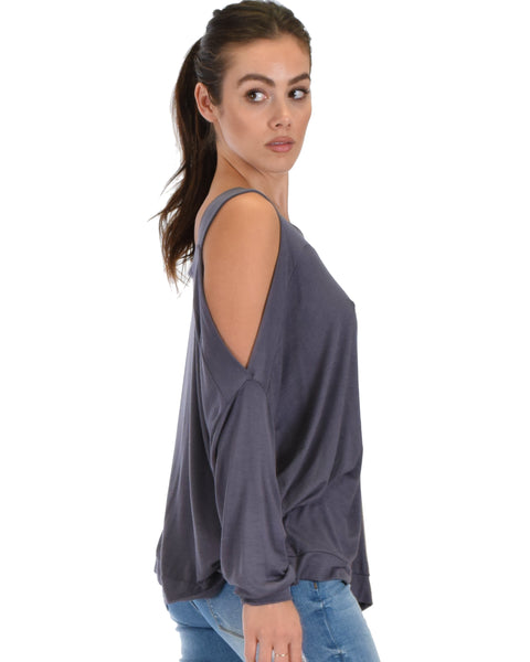 Lyss Loo Little Wonder Cold Shoulder Draped Charcoal Top