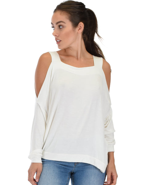 Lyss Loo Little Wonder Cold Shoulder Draped Ivory Top