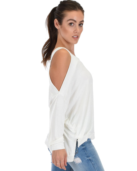 Lyss Loo Little Wonder Cold Shoulder Draped Ivory Top