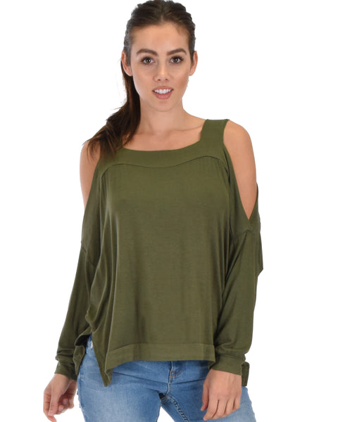 Lyss Loo Little Wonder Cold Shoulder Draped Olive Top