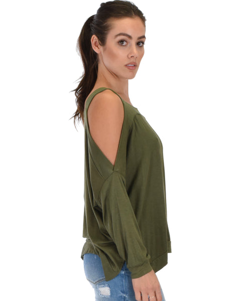 Lyss Loo Little Wonder Cold Shoulder Draped Olive Top