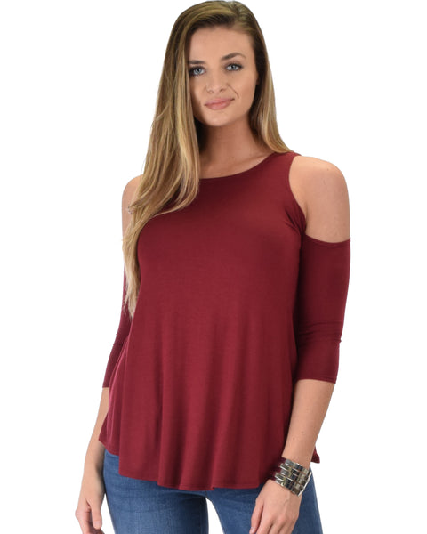 In Good Company Cold Shoulder Burgundy 3/4 Sleeve Top