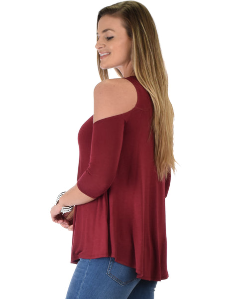 In Good Company Cold Shoulder Burgundy 3/4 Sleeve Top