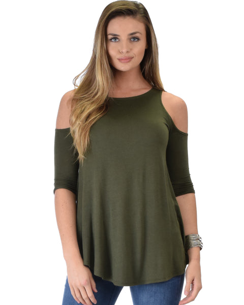 In Good Company Cold Shoulder Olive 3/4 Sleeve Top