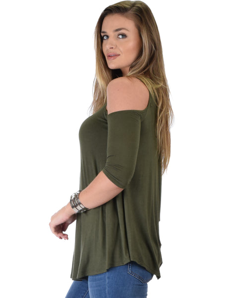 In Good Company Cold Shoulder Olive 3/4 Sleeve Top