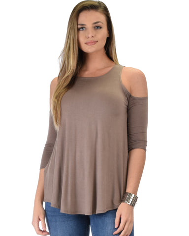 In Good Company Cold Shoulder Taupe 3/4 Sleeve Top