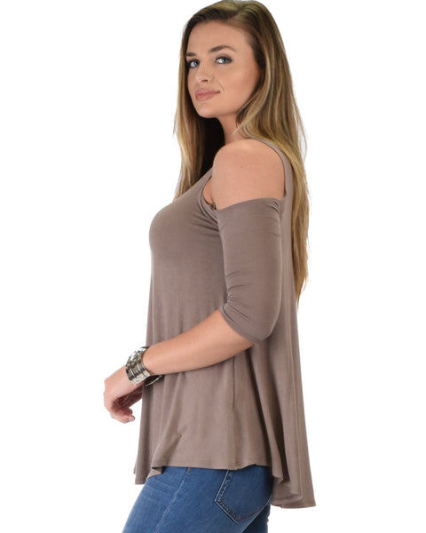 In Good Company Cold Shoulder Taupe 3/4 Sleeve Top