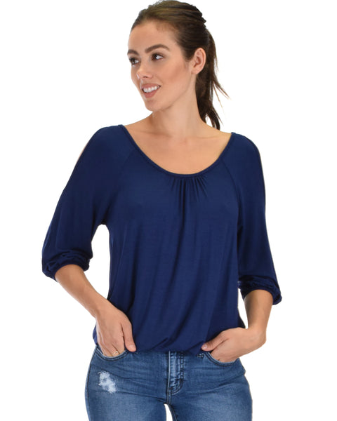 I Feel Good Cold Shoulder Navy Cinched Top