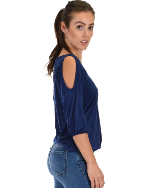 I Feel Good Cold Shoulder Navy Cinched Top