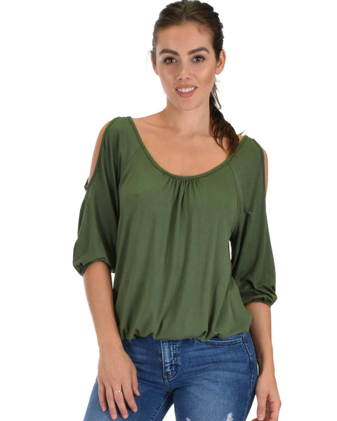 I Feel Good Cold Shoulder Olive Cinched Top