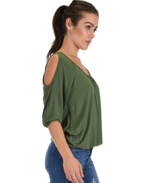 I Feel Good Cold Shoulder Olive Cinched Top