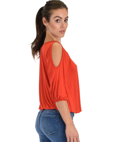 I Feel Good Cold Shoulder Rust Cinched Top