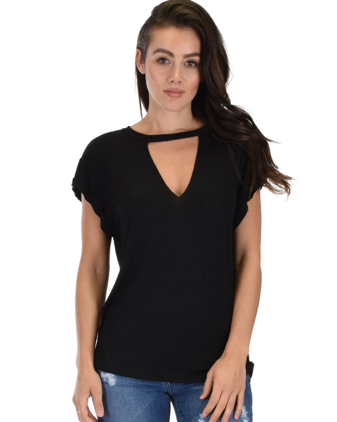 Unfiltered Raw Edge V Cuffed Sleeve Black Tunic Top