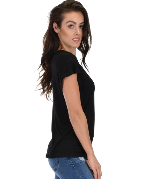 Unfiltered Raw Edge V Cuffed Sleeve Black Tunic Top