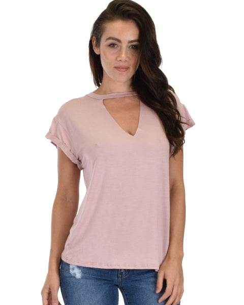 Unfiltered Raw Edge V Cuffed Sleeve Mauve Tunic Top