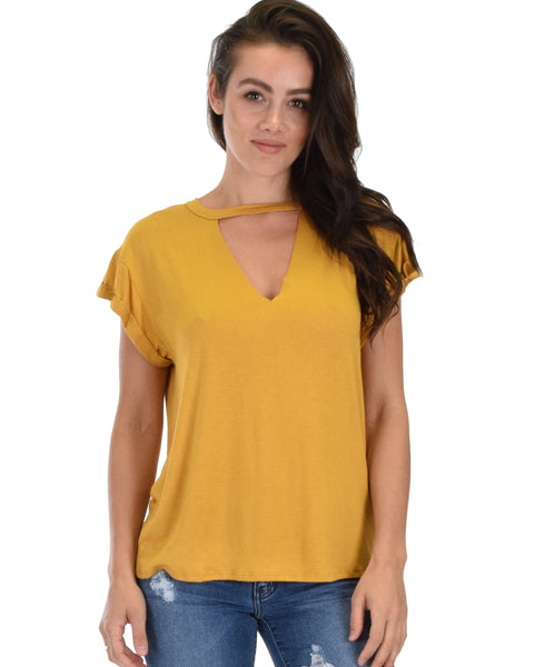 Unfiltered Raw Edge V Cuffed Sleeve Mustard Tunic Top