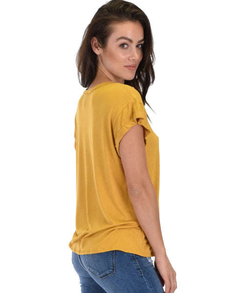 Unfiltered Raw Edge V Cuffed Sleeve Mustard Tunic Top