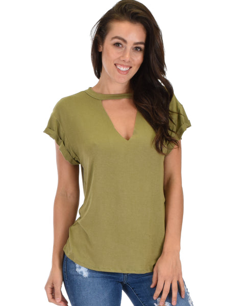 Unfiltered Raw Edge V Cuffed Sleeve Olive Tunic Top