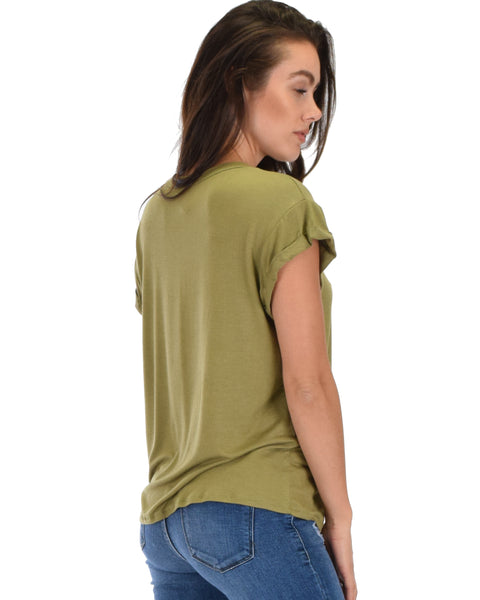 Unfiltered Raw Edge V Cuffed Sleeve Olive Tunic Top