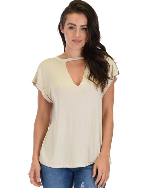 Unfiltered Raw Edge V Cuffed Sleeve Taupe Tunic Top