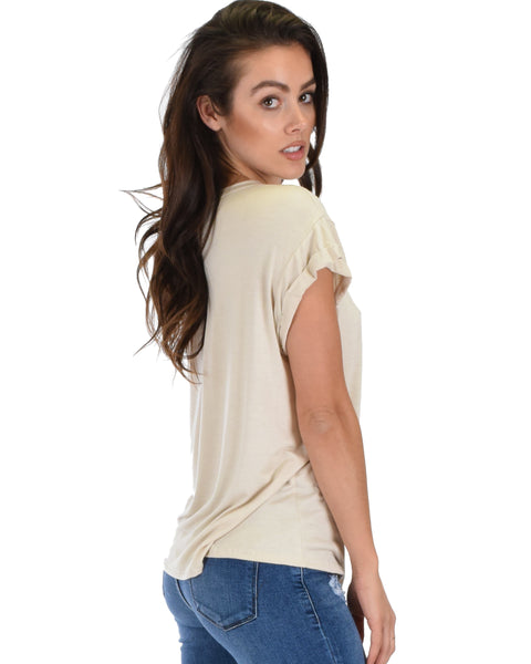 Unfiltered Raw Edge V Cuffed Sleeve Taupe Tunic Top