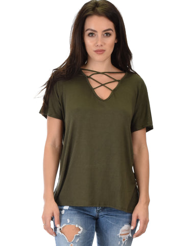 Ever Amazed Front Cross Straps Olive Tunic Top