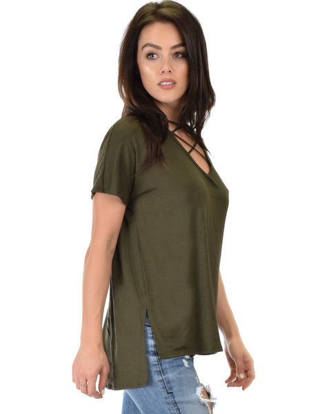 Ever Amazed Front Cross Straps Olive Tunic Top