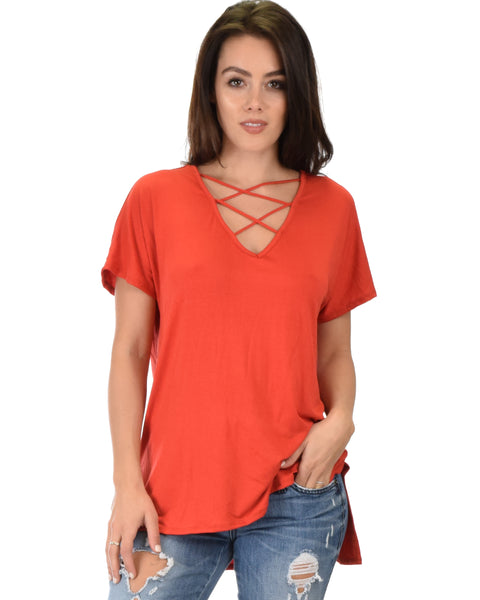 Ever Amazed Front Cross Straps Rust Tunic Top