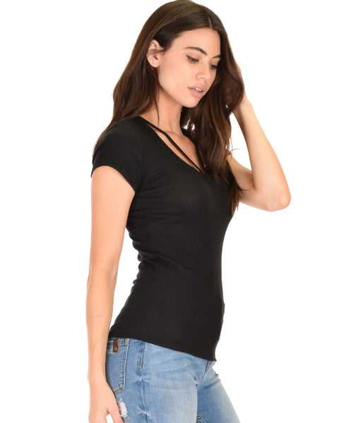 V-Neck Strappy Black Ribbed Top